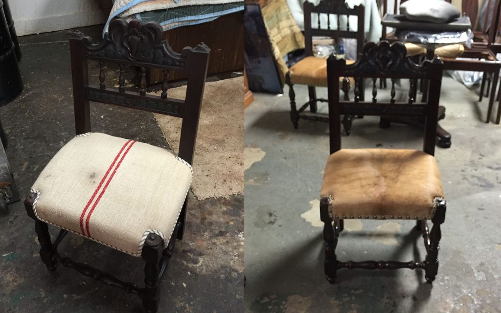 reupholstered antique chair cow hide