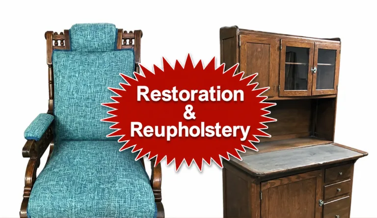 Furniture restoration and reupholstery: a teal upholstered wooden armchair and an antique wooden secretary desk